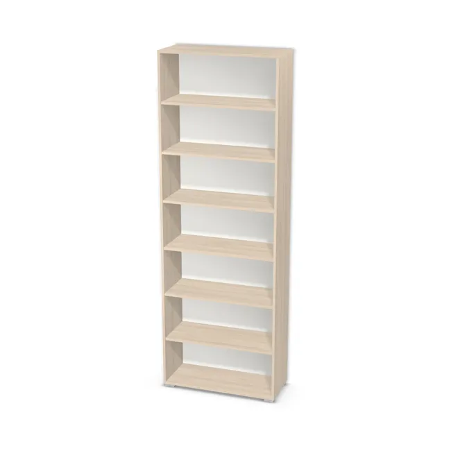 Korpus: Klon Hard szampański (H3860, ST9), Materiał pleców: Plecy z płyty HDF 3 mm (biała), Szerokość: 85 cm, Wysokość: 245 cm, Wysokość z nóżkami: 247 cm, Głębokość: 35 cm, Liczba półek: 6 półek, Rozmieszczenie półek: Własne ustawienie, Typ podstawy: Nóżki (wg wyboru), Nóżki: Stopka K041 - tworzywo - chrom wys 2 cm (Stopka chrom 2cm), Podpórki półek: Podpórki półki fi 5 mm (Basic / ruchome), Obrzeże korpusu: 0,8 mm