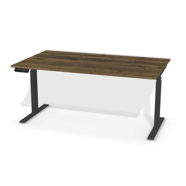 Blat: Dąb Hunton ciemny (H2033, ST10, 18mm), Szerokość: 145 cm, Głębokość: 82 cm, Kształt blatu: Blat prostokątny, Układ kontrolera: Kontroler po lewej stronie, Pozycja kontrolera (od krawędzi blatu): 5 cm, Przepusty: Środek, Kolor przepustu: Przepust Kablowy z Plastiku fi 60 Czarny (Plastik 60 Czarny), Stelaż: Stelaż elektryczny do biurka FUTURO II (625-1275 mm) czarny (Futuro II Stelaż Czarny), Obrzeże blatu: 0,8 mm
