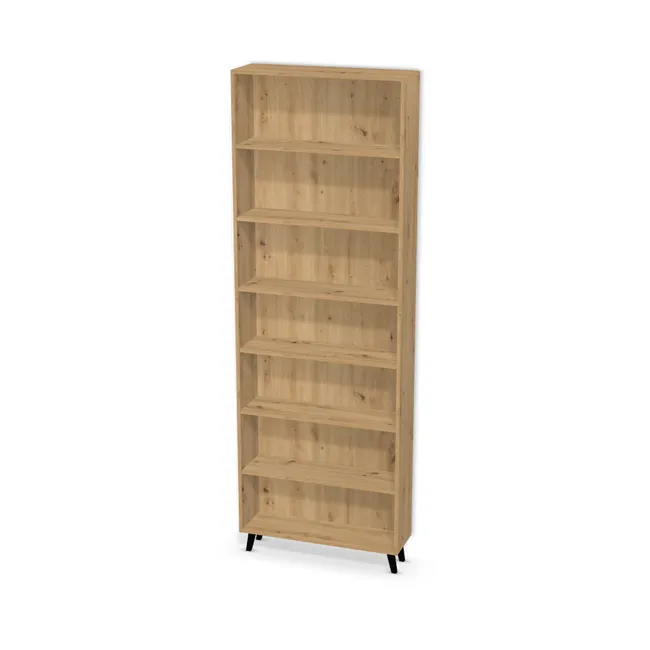 Korpus: Dąb dziki naturalny (H1318, ST10), Materiał pleców: Plecy z płyty jak korpus, Szerokość: 83 cm, Wysokość: 231,5 cm, Wysokość z nóżkami: 243,5 cm, Głębokość: 25 cm, Liczba półek: 6 półek, Rozmieszczenie półek: Własne ustawienie, Typ podstawy: Nóżki (wg wyboru), Nóżki: Nóżka K441 Czarna wysokość 12 cm (Nóżka K441 Czarna 12 cm), Podpórki półek: Podpórki półki fi 5 mm (Basic / ruchome), Obrzeże korpusu: 0,8 mm, Rodzaj: Zabudowa szeregowa