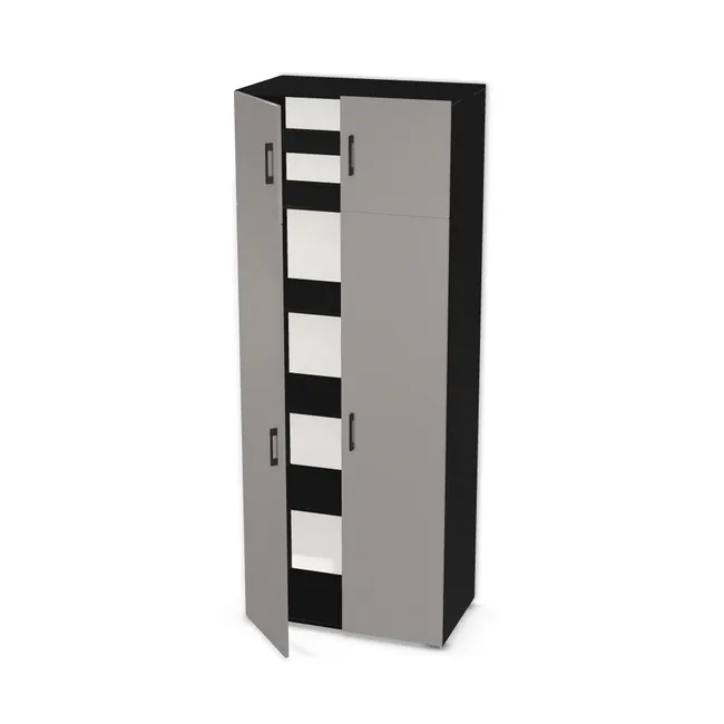 Front: Szary arktyczny (U788, ST9), Korpus: Czarny (U999, ST2), Materiał pleców: Plecy z płyty HDF 3 mm (biała), Szerokość: 90 cm, Wysokość: 230 cm, Wysokość z nóżkami: 232,5 cm, Głębokość: 50 cm, Głębokość z frontem: 51,8 cm, Wys. pasa dolnego: 185 cm, Drzwi: 4 fronty - 2 lewe, 2 prawe, Liczba półek na górze: 1 półka, Liczba półek na dole: 3 półki, Rozmieszczenie półek: Własne ustawienie, Typ podstawy: Nóżki (wg wyboru), System domyku: Otwieranie uchwytem, Zawiasy: Blum ClipTop 110 cichy domyk (Premium), Nóżki: Stopka do mebli 6435 - tworzywo - chrom połysk wys. 2,5 cm (Stopka chrom 2,5cm), Uchwyty: Uchwyt 2576 Czarny Mat rozstaw 128 mm (Uchwyt 2576 128 mm), Podpórki półek: Podpórki Kuadro z zabezpieczeniem (typ 2) (Premium / z zabezp.), Obrzeże korpusu: , Obrzeże frontu: 2,0 mm, Rozmieszczenie uchwytów: Pionowo (środek frontu, bok 50 mm), Rozmieszczenie uchwytów (na górze): Pionowo (środek frontu, bok 50 mm), Rodzaj: Zabudowa szeregowa