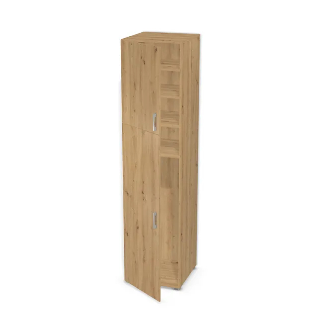 Front: Dąb dziki naturalny (H1318, ST10) Usłojenie Pionowe, Korpus: Dąb dziki naturalny (H1318, ST10), Usłojenie frontu: Pionowe, Materiał pleców: Plecy z płyty jak korpus, Szerokość: 60 cm, Wysokość: 250 cm, Wysokość z nóżkami: 252,5 cm, Głębokość: 60 cm, Głębokość z frontem: 61,8 cm, Wys. części z drążkiem: 140 cm, Przestrzeń pod drążkiem (od osi drążka do wieńca dolnego): 129,7 cm, Wys. segmentu dolnego: 170 cm, Drzwi: 2 fronty - otwierane w lewo, Liczba półek na górze: 2 półki, Układ półek pod drążkiem: Bez półki pod drążkiem, Rozmieszczenie półek: Rozmieszczenie symetryczne półek, Typ podstawy: Nóżki (wg wyboru), System domyku: Otwieranie uchwytem, Zawiasy: Blum Clip 100 (Optimum), Nóżki: Stopka do mebli 6435 - tworzywo - chrom połysk wys. 2,5 cm (Stopka chrom 2,5cm), Uchwyty: Uchwyt Chrom 2576 dł. 150 mm rozstaw 128 mm (Uchwyt 2576 128 mm), Podpórki półek: Podpórki półki fi 5 mm (Basic / ruchome), Obrzeże korpusu: 0,8 mm, Obrzeże frontu: 2,0 mm, Rozmieszczenie uchwytów: Pionowo (środek frontu, bok 50 mm), Rozmieszczenie uchwytów (na górze): Pionowo (dół frontu 50 mm), bok 50 mm)