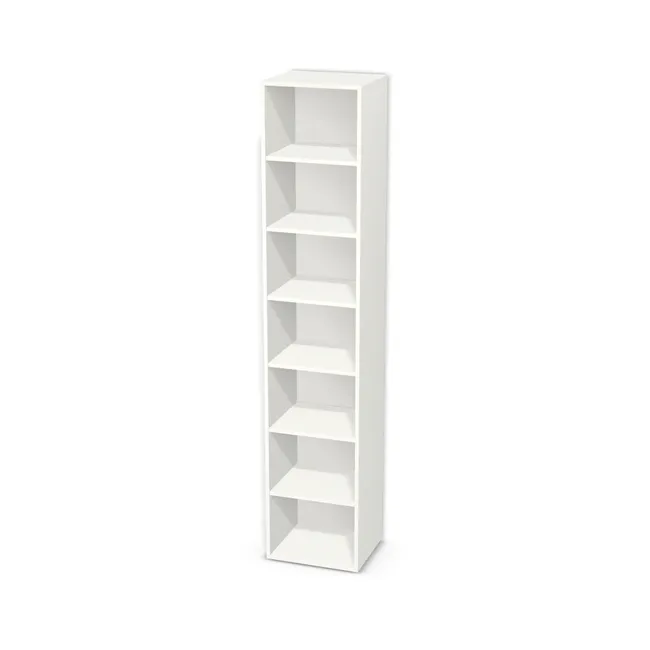 Korpus: Biały alpejski (W1100, ST9), Materiał pleców: Plecy z płyty HDF 3 mm (biała), Szerokość: 45 cm, Wysokość: 223 cm, Głębokość: 38 cm, Liczba półek: 6 półek, Rozmieszczenie półek: Rozmieszczenie symetryczne półek, Typ podstawy: Brak (tylko ślizgacze), Podpórki półek: Podpórki półki fi 5 mm (Basic / ruchome), Obrzeże korpusu: 0,8 mm, Rodzaj: Zabudowa szeregowa