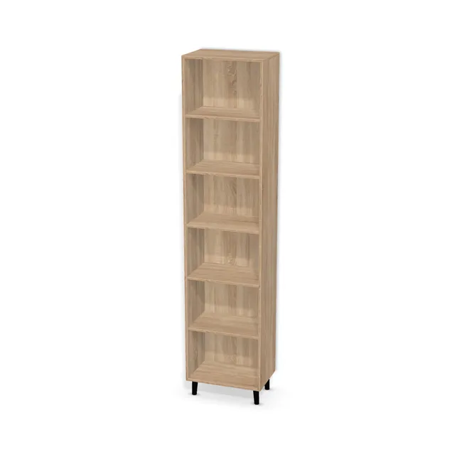 Korpus: Dąb Bardolino naturalny (H1145, ST10), Materiał pleców: Plecy z płyty jak korpus, Szerokość: 53 cm, Wysokość: 220 cm, Wysokość z nóżkami: 232 cm, Głębokość: 35 cm, Liczba półek: 5 półek, Rozmieszczenie półek: Rozmieszczenie symetryczne półek, Typ podstawy: Nóżki (wg wyboru), Nóżki: Nóżka K440 Czarna wysokość 12 cm (Nóżka K440 Czarna 12 cm), Podpórki półek: Podpórki półki fi 5 mm (Basic / ruchome), Obrzeże korpusu: 0,8 mm, Rodzaj: Zabudowa szeregowa