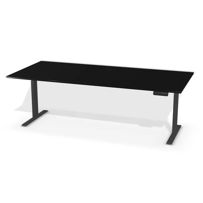 Blat: Czarny (U999, PM, 18mm), Szerokość: 200 cm, Głębokość: 90 cm, Kształt blatu: Blat prostokątny, Układ kontrolera: Kontroler po prawej stronie, Pozycja kontrolera (od krawędzi blatu): 13 cm, Przepusty: Brak, Stelaż: Stelaż elektryczny do biurka FUTURO II (625-1275 mm) czarny (Futuro II Stelaż Czarny), Obrzeże blatu: 1,0 mm