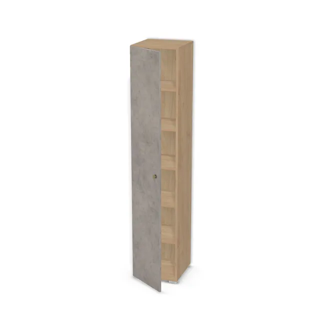 Front: Beton Chicago jasnoszary (F186, ST9), Korpus: Dąb Kendal naturalny (H3170, ST12), Materiał pleców: Plecy z płyty jak korpus, Szerokość: 40 cm, Wysokość: 200 cm, Wysokość z nóżkami: 202 cm, Głębokość: 40 cm, Głębokość z frontem: 41,8 cm, Drzwi: 1 front - otwierany w lewo, Liczba półek: 5 półek, Rozmieszczenie półek: Rozmieszczenie symetryczne półek, Typ podstawy: Nóżki (wg wyboru), System domyku: Otwieranie uchwytem, Zawiasy: Blum ClipTop 110 cichy domyk (Premium), Nóżki: Stopka K041 - tworzywo - chrom wys 2 cm (Stopka chrom 2cm), Uchwyty: Gałka COMO 0168 - złoty szczotkowany / fi 26 mm (Gałka 0168), Podpórki półek: Podpórki Kuadro z zabezpieczeniem (typ 2) (Premium / z zabezp.), Obrzeże korpusu: 0,8 mm, Obrzeże frontu: 2,0 mm, Rozmieszczenie uchwytów: Pionowo (środek frontu, bok 50 mm)