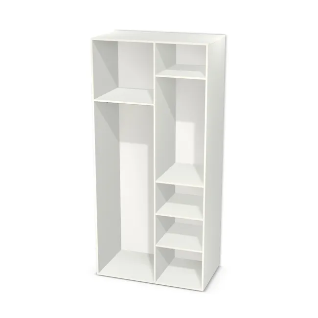 Korpus: W962 SM, Materiał pleców: Plecy z płyty HDF 3 mm (biała), Szerokość: 117 cm, Wysokość: 250 cm, Głębokość: 65 cm, Szer. części lewej: 65 cm, Wys. części dolnej (od wieńca dolnego): 190 cm, Przestrzeń pod drążkiem (od osi drążka do wieńca dolnego): 179,7 cm, Układ mebla: Po lewej szafka na wieszaki, po prawej półki, Drzwi: Bez frontów, Liczba półek: 4 półki, Rozmieszczenie półek: Własne ustawienie, Typ podstawy: Brak (tylko ślizgacze), System domyku: Otwieranie uchwytem, Zawiasy: Dobór we własnym zakresie (Brak), Uchwyty: Brak uchwytów i brak nawiertów (Brak uchwytów), Podpórki półek: Podpórki półki fi 5 mm (Basic / ruchome), Obrzeże korpusu: , Rodzaj: Zabudowa szeregowa