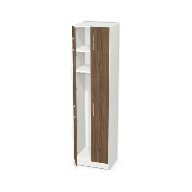 Front: Orzech Carini naturalny (H3710, ST12) Usłojenie Pionowe, Korpus: W962 SM, Usłojenie frontu: Pionowe, Materiał pleców: Plecy z płyty HDF 3 mm (biała), Szerokość: 55 cm, Wysokość: 205 cm, Wysokość z cokołem: 215 cm, Głębokość: 45 cm, Głębokość z frontem: 46,8 cm, Wys. części z drążkiem: 140 cm, Przestrzeń pod drążkiem (od osi drążka do wieńca dolnego): 129,7 cm, Wys. segmentu dolnego: 170 cm, Drzwi: 4 fronty - 2 lewe, 2 prawe, Liczba półek na górze: , Układ półek pod drążkiem: Bez półki pod drążkiem, Typ podstawy: Cokół 10 cm, System domyku: Otwieranie uchwytem, Zawiasy: Blum Clip 100 (Optimum), Uchwyty: Uchwyt Chrom 2576 dł. 186 mm rozstaw 160 mm (Uchwyt 2576 160 mm), Podpórki półek: Podpórki półki fi 5 mm (Basic / ruchome), Obrzeże korpusu: , Obrzeże frontu: 2,0 mm, Rozmieszczenie uchwytów: Pionowo (środek frontu, bok 50 mm), Rozmieszczenie uchwytów (na górze): Pionowo (dół frontu 50 mm), bok 50 mm), Rodzaj: Zabudowa szeregowa