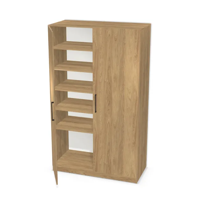 Front: Hikora naturalna (H3730, ST10) Usłojenie Pionowe, Korpus: Hikora naturalna (H3730, ST10), Usłojenie frontu: Pionowe, Materiał pleców: Plecy z płyty HDF 3 mm (biała), Szerokość: 140 cm, Wysokość: 225 cm, Wysokość z cokołem: 235 cm, Głębokość: 63 cm, Głębokość z frontem: 64,8 cm, Szer. części lewej: 93 cm, Wys. części dolnej (od wieńca dolnego): 191,2 cm, Przestrzeń pod drążkiem (od osi drążka do wieńca dolnego): 180,9 cm, Układ mebla: Po lewej półki, po prawej szafka na wieszaki, Drzwi: 2 fronty - lewy i prawy, Liczba półek: 5 półek, Rozmieszczenie półek: Własne ustawienie, Typ podstawy: Cokół 10 cm, System domyku: Otwieranie uchwytem, Zawiasy: Blum ClipTop 110 cichy domyk (Premium), Uchwyty: Uchwyt 0430 z kolekcji GRAF rozstaw 256 mm czarny szczotkowany (Uchwyt 0430 256 mm), Podpórki półek: Podpórki Kuadro z zabezpieczeniem (typ 2) (Premium / z zabezp.), Obrzeże korpusu: 0,8 mm, Obrzeże frontu: 0,8 mm, Rozmieszczenie uchwytów: Pionowo (środek frontu, bok 50 mm)