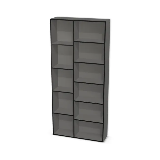 Korpus: Onyx szary (U960, ST9), Przednie krawędzie: W innym kolorze (U999, ST2), Materiał pleców: Plecy z płyty jak korpus, Szerokość: 100 cm, Wysokość: 220 cm, Głębokość: 29 cm, Głębokość z frontem: 30,8 cm, Szerokość: 43 cm, Liczba półek po lewej: 4 półki, Liczba półek po prawej: 5 półek, Rozmieszczenie półek: Własne ustawienie, Typ podstawy: Brak (tylko ślizgacze), Podpórki półek: Podpórki Kuadro z zabezpieczeniem (typ 2) (Premium / z zabezp.), Obrzeże korpusu: 0,8 mm, Obrzeże frontu: , Rozmieszczenie uchwytów: Pionowo (środek frontu, bok 50 mm)
