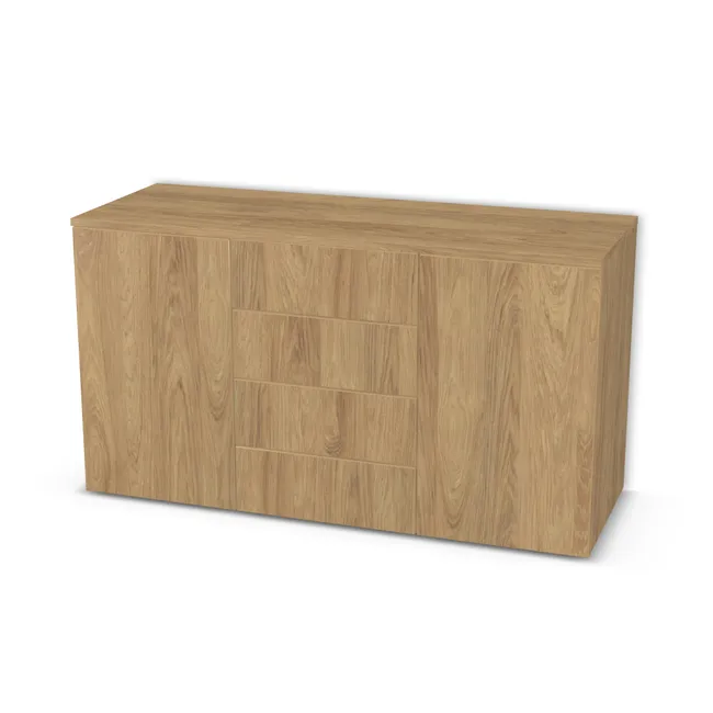 Front: Hikora naturalna (H3730, ST10) Usłojenie Pionowe, Korpus: Hikora naturalna (H3730, ST10), Usłojenie frontu: Pionowe, Materiał pleców: Plecy z płyty HDF 3 mm (biała), Szerokość: 123 cm, Wysokość: 67,5 cm, Głębokość: 43 cm, Głęb. całkowita: 45 cm, Szer. części środkowej: 42 cm, Typ wieńca górnego: Wieniec górny nakładany wysunięty nad front, Fronty: Fronty - drzwi lewe i prawe, fronty szuflad, Liczba szuflad: 4 szuflady, Liczba półek: 2 półki, Rozmieszczenie półek: Rozmieszczenie symetryczne półek, Typ podstawy: Brak (tylko ślizgacze), System domyku: Otwieranie naciskiem (Tip-On + Hamulec Blumotion), Prowadnice szuflad: Blum Movento Tip-on Blumotion (Premium Blum), Zawiasy: Blum ClipTop 110 bez sprężyny (Premium), Uchwyty: Brak uchwytów i brak nawiertów (Brak uchwytów), Uchwyty szuflad: Brak uchwytów i brak nawiertów (Brak uchwytów), Podpórki półek: Podpórki półki fi 5 mm (Basic / ruchome), Obrzeże korpusu: 0,8 mm, Obrzeże frontu: 2,0 mm