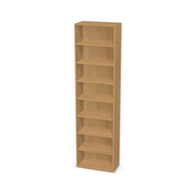 Korpus: Dąb Corbridge naturalny (H3395, ST12), Materiał pleców: Plecy z płyty jak korpus, Szerokość: 60 cm, Wysokość: 220 cm, Głębokość: 30 cm, Liczba półek: 7 półek, Rozmieszczenie półek: Rozmieszczenie symetryczne półek, Typ podstawy: Brak (tylko ślizgacze), Podpórki półek: Podpórki półki fi 5 mm (Basic / ruchome), Obrzeże korpusu: 0,8 mm
