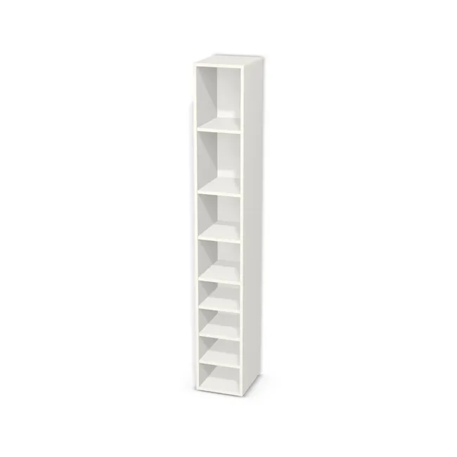 Korpus: Biały klasyczny (W960, SM), Materiał pleców: Plecy z płyty HDF 3 mm (biała), Szerokość: 30 cm, Wysokość: 200 cm, Głębokość: 35 cm, Liczba półek: 7 półek, Rozmieszczenie półek: Własne ustawienie, Typ podstawy: Brak (tylko ślizgacze), Podpórki półek: Podpórki półki fi 5 mm (Basic / ruchome), Obrzeże korpusu: 0,8 mm