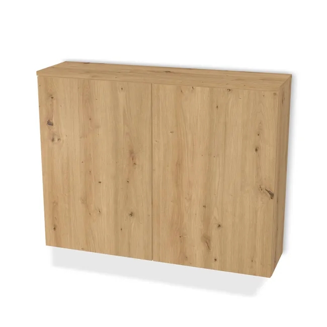 Front: Dąb dziki naturalny (H1318, ST10) Usłojenie Pionowe, Korpus: Dąb dziki naturalny (H1318, ST10), Usłojenie frontu: Pionowe, Materiał pleców: Plecy z płyty HDF 3 mm (biała), Szerokość: 97 cm, Wysokość: 75 cm, Głębokość: 24 cm, Głębokość z frontem: 25,8 cm, Typ wieńca górnego: Wieniec górny nakładany, Drzwi: 2 fronty - lewy i prawy, Liczba półek: 1 półka, Rozmieszczenie półek: Rozmieszczenie symetryczne półek, Otwieranie: Otwieranie naciskiem (Tip-On), Zawieszki: Zawieszki Rejs (Basic), Zawiasy: Blum ClipTop 110 bez sprężyny (Premium), Uchwyty: Brak uchwytów i brak nawiertów (Brak uchwytów), Podpórki półek: Podpórki Kuadro z zabezpieczeniem (typ 2) (Premium / z zabezp.), Obrzeże korpusu: 0,8 mm, Obrzeże frontu: 0,8 mm, Wycięcie HDF: Wycięcie pod zawieszki