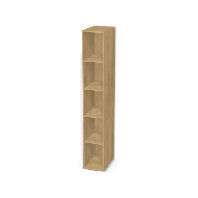 Korpus: Dąb Hamilton naturalny (H3303, ST10 FSC), Materiał pleców: Plecy z płyty jak korpus, Szerokość: 29 cm, Wysokość: 185 cm, Głębokość: 45 cm, Liczba półek: 4 półki, Rozmieszczenie półek: Rozmieszczenie symetryczne półek, Typ podstawy: Brak (tylko ślizgacze), Podpórki półek: Podpórki półki fi 5 mm (Basic / ruchome), Obrzeże korpusu: 