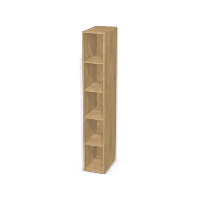 Korpus: Dąb Hamilton naturalny (H3303, ST10 FSC), Materiał pleców: Plecy z płyty jak korpus, Szerokość: 29 cm, Wysokość: 185 cm, Głębokość: 50 cm, Liczba półek: 4 półki, Rozmieszczenie półek: Rozmieszczenie symetryczne półek, Typ podstawy: Brak (tylko ślizgacze), Podpórki półek: Podpórki półki fi 5 mm (Basic / ruchome), Obrzeże korpusu: 