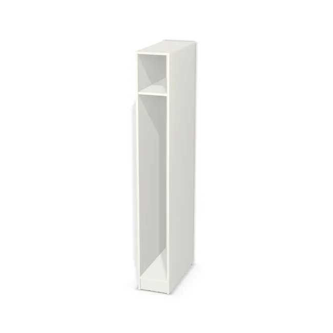 Korpus: Biały klasyczny (W960, SM), Materiał pleców: Plecy z płyty HDF 3 mm (biała), Szerokość: 28 cm, Wysokość: 193 cm, Wysokość z cokołem: 203 cm, Głębokość: 68 cm, Liczba półek: 1 półka, Rozmieszczenie półek: Własne ustawienie, Typ podstawy: Cokół 10 cm, Podpórki półek: Podpórki półki fi 5 mm (Basic / ruchome), Obrzeże korpusu: 0,8 mm