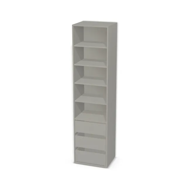 Korpus: Metal srebrnoszary szczotkowany (F765, ST20), Materiał pleców: Plecy z płyty jak korpus, Szerokość: 55 cm, Wysokość: 220 cm, Głębokość: 45 cm, Wys. części z szufladami: 75 cm, Drzwi: Bez frontów, Liczba szuflad: 3 szuflady, Liczba półek: 4 półki, Rozmieszczenie półek: Rozmieszczenie symetryczne półek, Typ podstawy: Brak (tylko ślizgacze), System domyku: Otwieranie naciskiem (Tip-On + Hamulec Blumotion), Szuflady: Blum Movento Tip-on Blumotion (Premium Blum), Zawiasy: Dobór we własnym zakresie (Brak), Uchwyty: Brak uchwytów i brak nawiertów (Brak uchwytów), Uchwyty szuflad: Brak uchwytów i brak nawiertów (Brak uchwytów), Podpórki półek: Podpórki półki fi 5 mm (Basic / ruchome), Obrzeże korpusu: 0,8 mm, Rodzaj: Zabudowa szeregowa