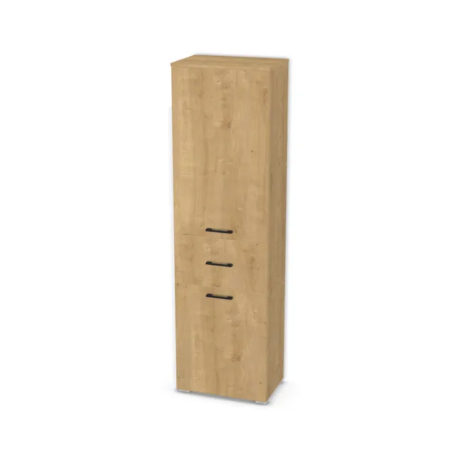 Front: Dąb Hamilton naturalny (H3303, ST10) Usłojenie Pionowe, Korpus: Dąb Hamilton naturalny (H3303, ST10), Usłojenie frontu: Pionowe, Materiał pleców: Plecy z płyty HDF 3 mm (biała), Szerokość: 58 cm, Wysokość: 200 cm, Wysokość z nóżkami: 202 cm, Głębokość: 36 cm, Głębokość z frontem: 37,8 cm, Wysokość frontu szuflady: 30 cm, Wysokość części z dolnym frontem: 70 cm, Fronty: Fronty - drzwi lewe, fronty szuflad, Liczba półek na górze: 1 półka, Liczba półek na dole: Bez półek, Rozmieszczenie półek: Rozmieszczenie symetryczne półek, Typ podstawy: Nóżki (wg wyboru), System domyku: Otwieranie uchwytem (+Hamulec Blumotion), Prowadnice szuflad: Blum Tandem Wysuw 75% (Optimum Blum), Zawieszki: Zawieszki Rejs (Basic), Zawiasy: Blum Clip 100 (Optimum), Nóżki: Stopka K041 - tworzywo - chrom wys 2 cm (Stopka chrom 2cm), Uchwyty: Uchwyt 2576 Czarny Mat rozstaw 128 mm (Uchwyt 2576 128 mm), Uchwyty szuflad: Uchwyt 2576 Czarny Mat rozstaw 128 mm (Uchwyt 2576 128 mm), Podpórki półek: Złączki Rafix TAB 20 S (Premium / z zabezp.), Obrzeże korpusu: 2,0 mm, Obrzeże frontu: 2,0 mm, Wycięcie HDF: Wycięcie pod zawieszki, Rozmieszczenie uchwytów (góra i dół): Dół/góra frontu (50mm), na środku, poziomo, Rozmieszczenie uchwytów szuflad: Poziomo (centralnie na froncie), Cichy domyk: Hamulec Blum 973A0500 na zawias prosty