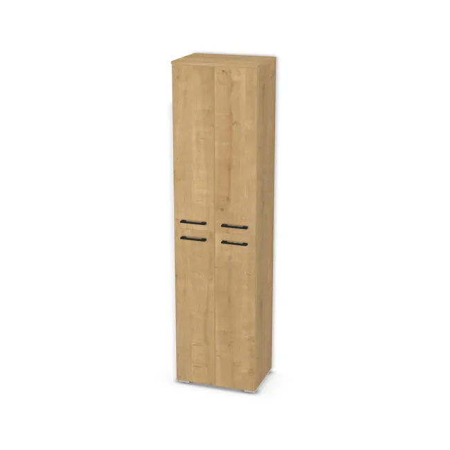 Front: Dąb Hamilton naturalny (H3303, ST10) Usłojenie Pionowe, Korpus: Dąb Hamilton naturalny (H3303, ST10), Usłojenie frontu: Pionowe, Materiał pleców: Plecy z płyty HDF 3 mm (biała), Szerokość: 52 cm, Wysokość: 200 cm, Wysokość z nóżkami: 202 cm, Głębokość: 35 cm, Głębokość z frontem: 36,8 cm, Wysokość części z dolnym frontem: 100 cm, Drzwi: 2 fronty - lewy i prawy, Liczba półek na górze: 2 półki, Liczba półek na dole: 2 półki, Rozmieszczenie półek: Rozmieszczenie symetryczne półek, Typ podstawy: Nóżki (wg wyboru), System domyku: Otwieranie uchwytem, Zawieszki: Zawieszki Rejs (Basic), Zawiasy: Blum Clip 100 (Optimum), Nóżki: Stopka K041 - tworzywo - chrom wys 2 cm (Stopka chrom 2cm), Uchwyty: Uchwyt 2576 Czarny Mat rozstaw 128 mm (Uchwyt 2576 128 mm), Podpórki półek: Złączki Rafix TAB 20 S (Premium / z zabezp.), Obrzeże korpusu: 2,0 mm, Obrzeże frontu: 2,0 mm, Wycięcie HDF: Wycięcie pod zawieszki, Rozmieszczenie uchwytów (góra i dół): Dół/góra frontu (50mm), na środku, poziomo, Cichy domyk: Hamulec Blum 973A0500 na zawias prosty