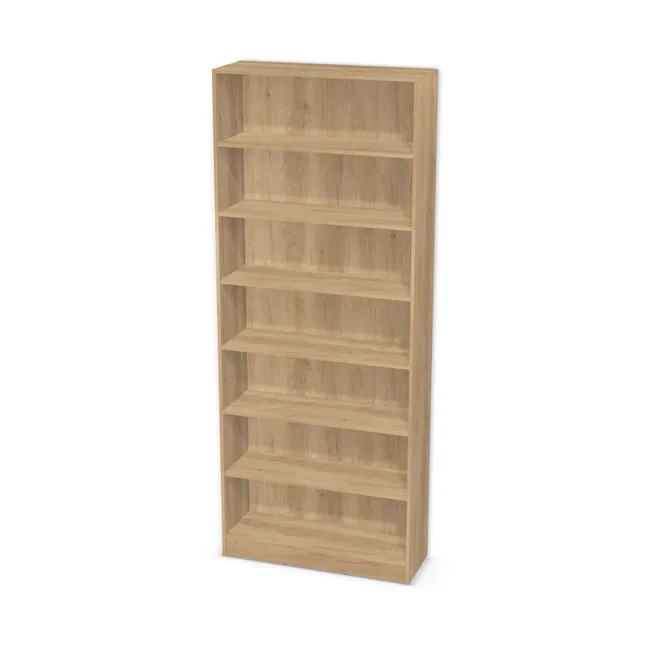 Korpus: Dąb Nebraska naturalny (H3331, ST10), Materiał pleców: Plecy z płyty jak korpus, Szerokość: 100 cm, Wysokość: 240 cm, Wysokość z cokołem: 250 cm, Głębokość: 35 cm, Liczba półek: 6 półek, Rozmieszczenie półek: Rozmieszczenie symetryczne półek, Typ podstawy: Cokół 10 cm, Podpórki półek: Podpórki półki fi 5 mm (Basic / ruchome), Obrzeże korpusu: 0,8 mm, Rodzaj: Zabudowa szeregowa