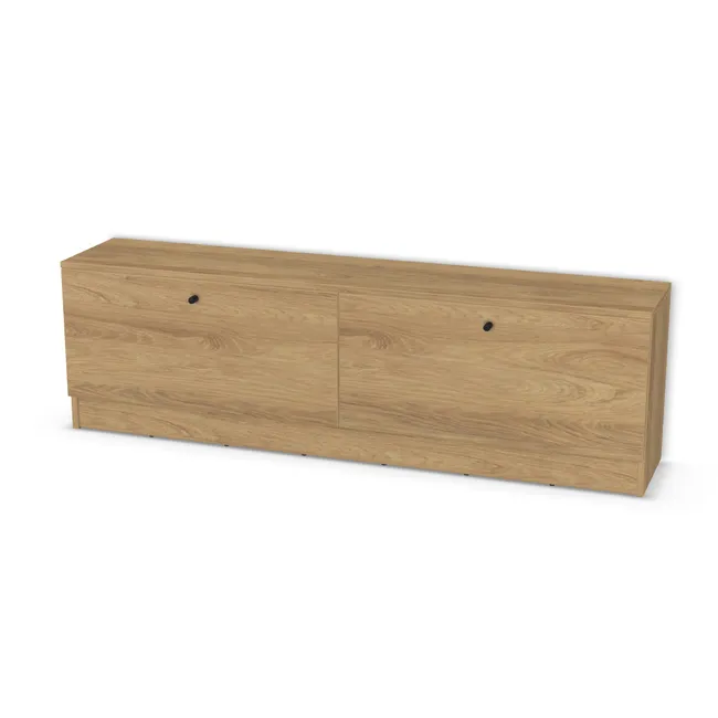Front: Hikora naturalna (H3730, ST10) Usłojenie Poziome, Korpus: Hikora naturalna (H3730, ST10), Usłojenie frontu: Poziome, Materiał pleców: Plecy z płyty HDF 3 mm (biała), Szerokość: 165 cm, Wysokość: 40 cm, Wysokość z cokołem: 50 cm, Głębokość: 30 cm, Głęb. całkowita: 32 cm, Szer. części lewej: 82,5 cm, Układ mebla: Po lewej szuflady, po prawej szuflady, Fronty: Z frontami, Typ wieńca górnego: Wieniec górny nakładany wysunięty nad front, Liczba szuflad w lewej części: 1 szuflada po lewej, Liczba szuflad w prawej części: 1 szuflada po prawej, Typ podstawy: Cokół 10 cm, System domyku: Otwieranie uchwytem (+Hamulec Blumotion), Prowadnice szuflad: Blum Tandem Wysuw 75% (Optimum Blum), Uchwyty szuflad: Gałka 0109 Czarny Mat (Gałka 0109), Podpórki półek: Podpórki półki fi 5 mm (Basic / ruchome), Obrzeże korpusu: 2,0 mm, Obrzeże frontu: 2,0 mm, Rozmieszczenie uchwytów: Pionowo (góra frontu 50 mm, bok 50 mm), Rozmieszczenie uchwytów szuflad: Poziomo (góra frontu 50 mm, środek), Rodzaj: Zabudowa szeregowa
