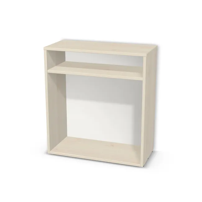 Korpus: Sosna Aland polarna (H3433, ST22), Materiał pleców: Plecy z płyty HDF 3 mm (biała), Szerokość: 67 cm, Wysokość: 73 cm, Głębokość: 30 cm, Liczba półek: 1 półka, Rozmieszczenie półek: Własne ustawienie, Typ podstawy: Brak (tylko ślizgacze), Podpórki półek: Podpórki półki fi 5 mm (Basic / ruchome), Obrzeże korpusu: 2,0 mm
