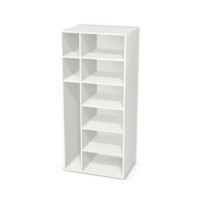 Korpus: Biały klasyczny (W960, SM), Przednie krawędzie: Domyślne (w kolorze korpusu) (W908, SM), Materiał pleców: Plecy z płyty HDF 3 mm (biała), Szerokość: 85 cm, Wysokość: 190 cm, Głębokość: 60 cm, Głębokość z frontem: 61,8 cm, Szerokość: 26 cm, Liczba półek po lewej: 2 półki, Liczba półek po prawej: 5 półek, Rozmieszczenie półek: Własne ustawienie, Typ podstawy: Brak (tylko ślizgacze), Podpórki półek: Podpórki Kuadro z zabezpieczeniem (typ 2) (Premium / z zabezp.), Obrzeże korpusu: 0,8 mm, Obrzeże frontu: 2,0 mm, Rozmieszczenie uchwytów: Pionowo (środek frontu, bok 50 mm)