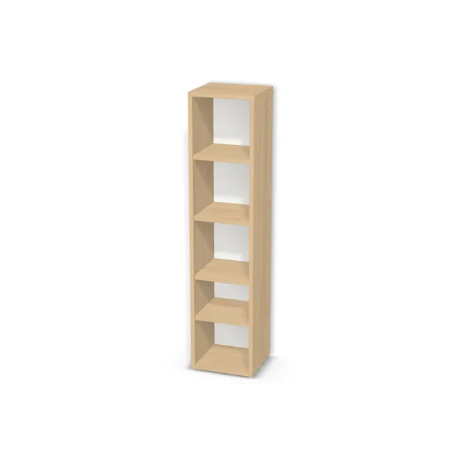 Korpus: Klon Mandal naturalny (H3840, ST9), Materiał pleców: Plecy z płyty HDF 3 mm (biała), Szerokość: 28 cm, Wysokość: 120 cm, Głębokość: 25 cm, Liczba półek: 4 półki, Rozmieszczenie półek: Własne ustawienie, Typ podstawy: Brak (tylko ślizgacze), Podpórki półek: Podpórki półki fi 5 mm (Basic / ruchome), Obrzeże korpusu: 0,8 mm