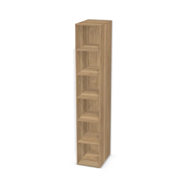Korpus: Dąb Halifax naturalny (H1180, ST37), Materiał pleców: Plecy z płyty jak korpus, Szerokość: 42 cm, Wysokość: 240 cm, Głębokość: 59 cm, Liczba półek: 5 półek, Rozmieszczenie półek: Rozmieszczenie symetryczne półek, Typ podstawy: Brak (tylko ślizgacze), Podpórki półek: Podpórki półki fi 5 mm (Basic / ruchome), Obrzeże korpusu: 0,8 mm