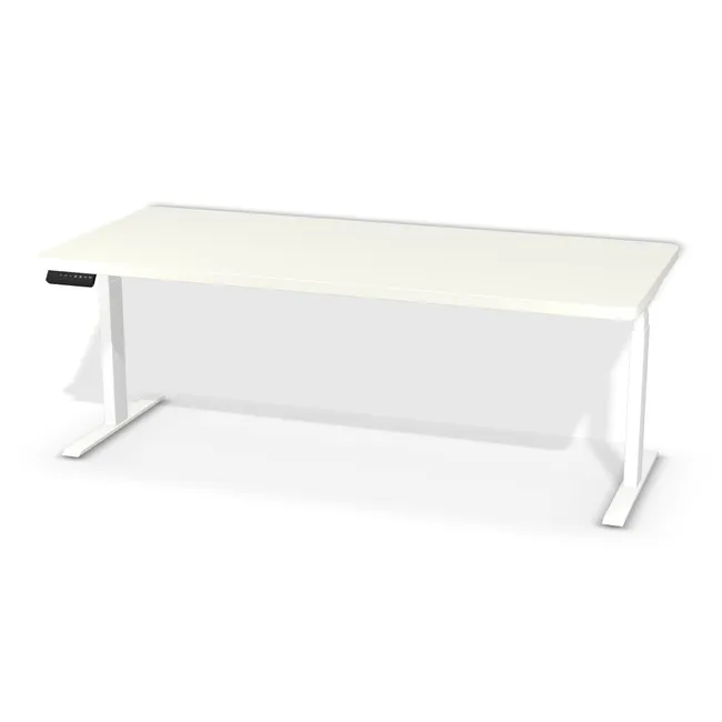 Blat: Biały premium (W1000, ST9, 36mm), Szerokość: 180 cm, Głębokość: 80 cm, Kształt blatu: Blat zaoblony (R=50mm), Układ kontrolera: Kontroler po lewej stronie, Pozycja kontrolera (od krawędzi blatu): 5,9 cm, Przepusty: Lewy róg - środek - prawy róg, Kolor przepustu: Przepust Kablowy z Plastiku fi 80 Biały (Plastik 80 Biały), Stelaż: Stelaż elektryczny do biurka FUTURO II (625-1275 mm) biały (Futuro II Stelaż Biały), Obrzeże blatu: 2,0 mm