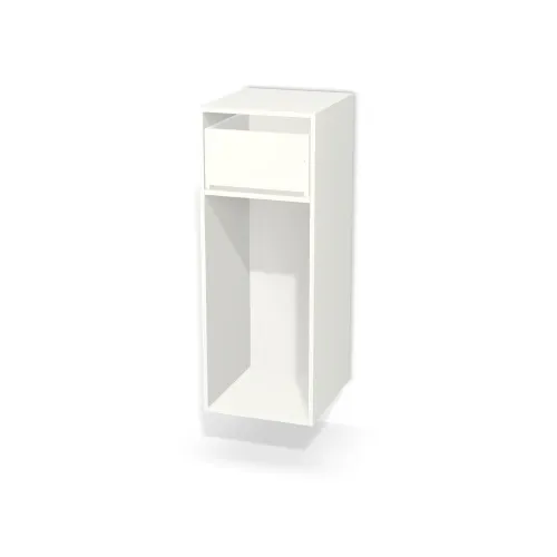 Korpus: Biały alpejski (W1100, ST9), Materiał pleców: Plecy z płyty HDF 3 mm (biała), Szerokość: 45 cm, Wysokość: 120 cm, Głębokość: 50 cm, Głębokość z frontem: 51,8 cm, Wysokość na front szuflady: 30 cm, Wysokość frontu szuflady: 31,8 cm, Typ wieńca górnego: Wieniec górny wpuszczany, Drzwi: Bez frontów, Liczba półek: Bez półek, System domyku: Otwieranie naciskiem (Tip-On + Hamulec Blumotion), Prowadnice szuflad: Blum Movento Tip-on Blumotion (Premium Blum), Zawieszki: Zawieszki Camar (Premium Camar), Zawiasy: Dobór we własnym zakresie (Brak), Uchwyty: Brak uchwytów i brak nawiertów (Brak uchwytów), Uchwyty szuflad: Brak uchwytów i brak nawiertów (Brak uchwytów), Obrzeże korpusu: 0,8 mm, Wycięcie HDF: Wycięcie pod zawieszki