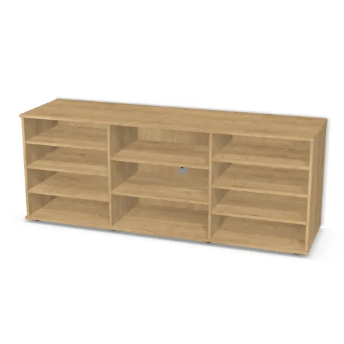Korpus: Dąb Hamilton naturalny (H3303, ST10 FSC), Materiał pleców: Plecy z płyty jak korpus, Szerokość: 185 cm, Wysokość: 70 cm, Wysokość z nóżkami: 71,9 cm, Głębokość: 50 cm, Głęb. całkowita: 52 cm, Szer. części środkowej: 63,2 cm, Układ: Drzwi, półki, drzwi, Fronty: Bez frontów, Liczba półek po lewej: 3 półki, Liczba półek na środku: 2 półki, Liczba półek po prawej: 3 półki, Typ podstawy: Nóżki (wg wyboru), System domyku: Otwieranie naciskiem (Tip-On), Przepust kablowy: Przepust na środku, Zawiasy: Dobór we własnym zakresie (Brak), Nóżki: Ślizgacz czarny 2-częściowy 54x19mm tworzywo sztuczne (Stopka fi54 19mm), Uchwyty: Brak uchwytów i brak nawiertów (Brak uchwytów), Kolor przepustu: Przepust Kablowy ze Znalu fi 60 Aluminium (Przepust 60 Aluminium), Podpórki półek: Podpórki Kuadro z zabezpieczeniem (typ 2) (Premium / z zabezp.), Obrzeże korpusu: 2,0 mm