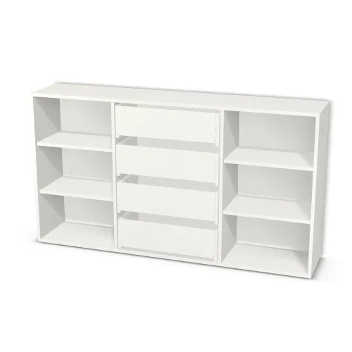 Korpus: Biały klasyczny (W960, ST7), Materiał pleców: Plecy z płyty HDF 3 mm (biała), Szerokość: 160 cm, Wysokość: 88 cm, Głębokość: 32 cm, Głębokość z frontem: 33,8 cm, Szer. części środkowej: 59 cm, Typ wieńca górnego: Wieniec górny nakładany, Fronty: Bez frontów, Liczba szuflad: 4 szuflady, Liczba półek: 2 półki, Rozmieszczenie półek: Rozmieszczenie symetryczne półek, Typ podstawy: Brak (tylko ślizgacze), System domyku: Otwieranie uchwytem (+Hamulec Blumotion), Prowadnice szuflad: Blum Movento (Premium Blum), Zawiasy: Dobór we własnym zakresie (Brak), Uchwyty: Brak uchwytów i brak nawiertów (Brak uchwytów), Uchwyty szuflad: Brak uchwytów i brak nawiertów (Brak uchwytów), Podpórki półek: Podpórki Kuadro z zabezpieczeniem (typ 2) (Premium / z zabezp.), Obrzeże korpusu: 0,8 mm, Rodzaj: Zabudowa szeregowa