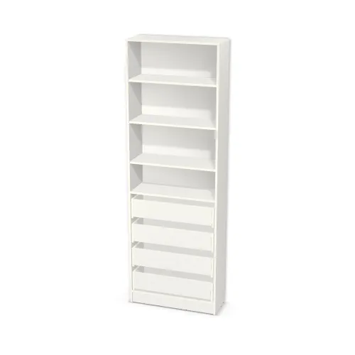 Korpus: Biały klasyczny (W960, SM), Materiał pleców: Plecy z płyty HDF 3 mm (biała), Szerokość: 80 cm, Wysokość: 226 cm, Wysokość z cokołem: 236 cm, Głębokość: 30 cm, Wys. części dolnej: 95 cm, Typ szuflady: Z frontem nakładanym, Fronty szuflad: Bez frontów szuflad, Liczba szuflad: 4 szuflady, Liczba półek: 3 półki, Rozmieszczenie półek: Własne ustawienie, Typ podstawy: Cokół 10 cm, System domyku: Otwieranie uchwytem (+Hamulec Blumotion), Typ szuflad: Szuflady skrzyniowe, Szuflady: Blum Tandem (Optimum Blum), Uchwyty szuflad: Brak uchwytów i brak nawiertów (Brak uchwytów), Podpórki półek: Podpórki Kuadro z zabezpieczeniem (typ 2) (Premium / z zabezp.), Obrzeże korpusu: 0,8 mm, Typ wieńca dolnego: Wieniec dolny wpuszczany (domyślnie)