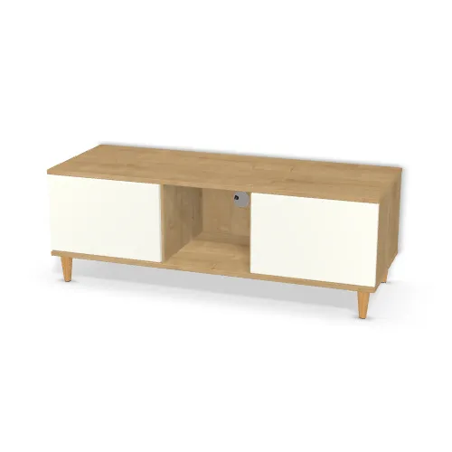 Front: Biały premium (W1000, ST38) Usłojenie Pionowe, Korpus: Dąb Hamilton naturalny (H3303, ST10), Usłojenie frontu: Pionowe, Materiał pleców: Plecy z płyty jak korpus, Szerokość: 121,8 cm, Wysokość: 33 cm, Wysokość z nóżkami: 43,7 cm, Głębokość: 43 cm, Głęb. całkowita: 45 cm, Szer. części środkowej: 32 cm, Układ: Drzwi, półki, drzwi, Fronty: Fronty - drzwi lewe i prawe, fronty szuflad, Liczba półek po lewej: Bez półek, Liczba półek na środku: Bez półek, Liczba półek po prawej: 1 półka, Typ podstawy: Nóżki (wg wyboru), System domyku: Otwieranie naciskiem (Tip-On), Przepust kablowy: Przepust na środku, Zawiasy: Blum ClipTop 110 bez sprężyny (Premium), Nóżki: Noga meblowa drewniana 10cm stożek (Drewniana 10cm stożek), Uchwyty: Brak uchwytów i brak nawiertów (Brak uchwytów), Kolor przepustu: Przepust Kablowy ze Znalu fi 60 Aluminium (Przepust 60 Aluminium), Podpórki półek: Podpórki Kuadro z zabezpieczeniem (typ 2) (Premium / z zabezp.), Obrzeże korpusu: 2,0 mm, Obrzeże frontu: 2,0 mm, Rozmieszczenie uchwytów szuflad: Bez nawiertów pod uchwyty