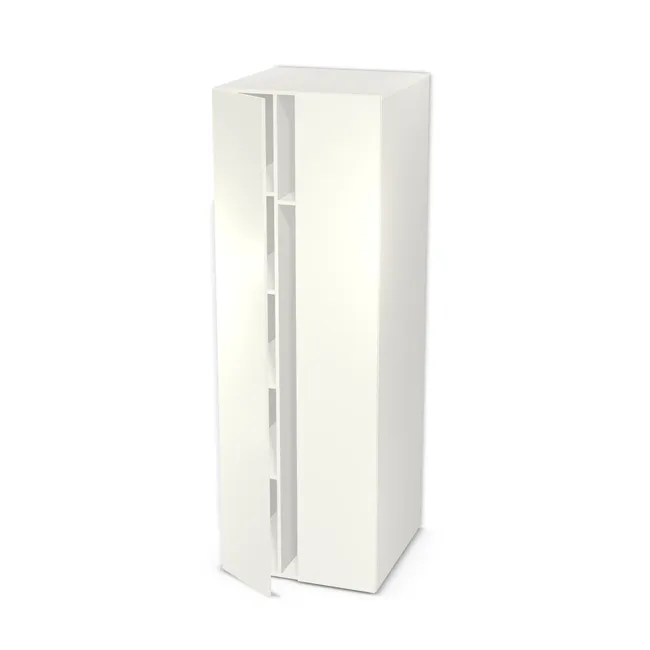 Front: Biały premium (W1000, ST38) Usłojenie Pionowe, Korpus: Biały klasyczny (W960, SM), Usłojenie frontu: Pionowe, Materiał pleców: Plecy z płyty jak korpus, Szerokość: 80 cm, Wysokość: 240 cm, Głębokość: 80 cm, Głębokość z frontem: 81,8 cm, Szer. części lewej: 30 cm, Wys. części dolnej (od wieńca dolnego): 190 cm, Przestrzeń pod drążkiem (od osi drążka do wieńca dolnego): 179,7 cm, Układ mebla: Po lewej półki, po prawej szafka na wieszaki, Drzwi: 2 fronty - lewy i prawy, Liczba półek: 4 półki, Rozmieszczenie półek: Własne ustawienie, Typ podstawy: Brak (tylko ślizgacze), System domyku: Otwieranie naciskiem (Tip-On), Zawiasy: Blum ClipTop 110 bez sprężyny (Premium), Uchwyty: Brak uchwytów i brak nawiertów (Brak uchwytów), Podpórki półek: Podpórki Kuadro z zabezpieczeniem (typ 2) (Premium / z zabezp.), Obrzeże korpusu: 0,8 mm, Obrzeże frontu: 2,0 mm