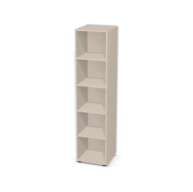 Korpus: Kaszmir (U702, ST9), Materiał pleców: Plecy z płyty jak korpus, Szerokość: 43 cm, Wysokość: 180 cm, Wysokość z nóżkami: 181,9 cm, Głębokość: 43 cm, Liczba półek: 4 półki, Rozmieszczenie półek: Rozmieszczenie symetryczne półek, Typ podstawy: Nóżki (wg wyboru), Nóżki: Ślizgacz czarny 2-częściowy 54x19mm tworzywo sztuczne (Stopka fi54 19mm), Podpórki półek: Podpórki Kuadro z zabezpieczeniem (typ 2) (Premium / z zabezp.), Obrzeże korpusu: 0,8 mm