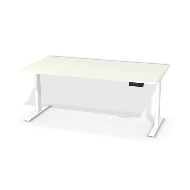 Blat: Biały premium (W1000, ST9, 18mm), Szerokość: 160 cm, Głębokość: 84 cm, Kształt blatu: Blat zaoblony (R=50mm), Układ kontrolera: Kontroler po prawej stronie, Pozycja kontrolera (od krawędzi blatu): 13 cm, Przepusty: Lewy i prawy róg, Kolor przepustu: Przepust Kablowy z Plastiku fi 60 Biały (Plastik 60 Biały), Stelaż: Stelaż elektryczny do biurka FUTURO II (625-1275 mm) biały (Futuro II Stelaż Biały), Obrzeże blatu: 0,8 mm