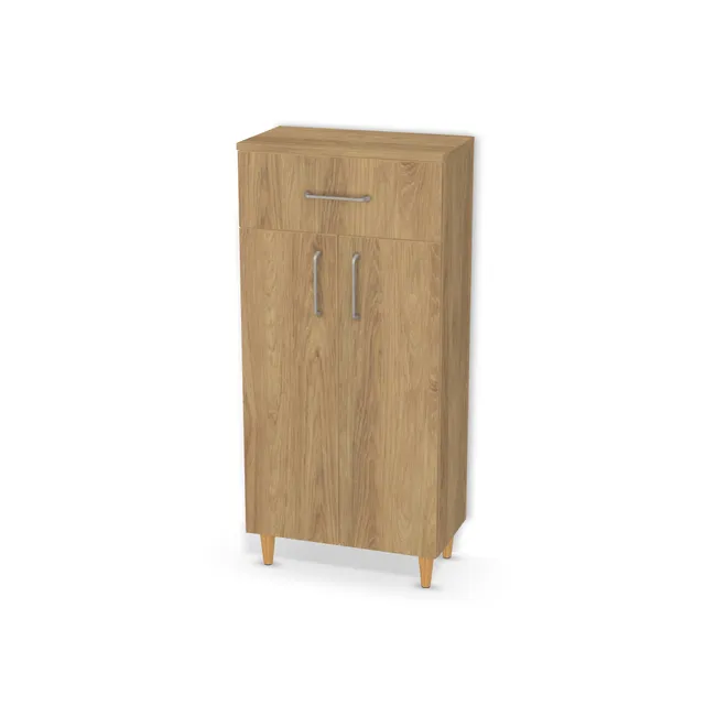 Front: Hikora naturalna (H3730, ST10) Usłojenie Pionowe, Korpus: Hikora naturalna (H3730, ST10), Usłojenie frontu: Pionowe, Materiał pleców: Plecy z płyty jak korpus, Szerokość: 55 cm, Wysokość: 108,3 cm, Wysokość z nóżkami: 119 cm, Głębokość: 28 cm, Głęb. całkowita: 30 cm, Wys. pasa dolnego: 86 cm, Wysokość dolnego frontu: 85,7 cm, Typ wieńca górnego: Wieniec górny nakładany wysunięty nad front, Fronty: 3 fronty - drzwi lewe i prawe, front szuflady, Liczba półek: 3 półki, Rozmieszczenie półek: Rozmieszczenie symetryczne półek, Typ podstawy: Nóżki (wg wyboru), System domyku: Otwieranie uchwytem (+Hamulec Blumotion), Prowadnice szuflad: Blum Tandem (Optimum Blum), Zawiasy: Blum ClipTop 110 cichy domyk (Premium), Nóżki: Noga meblowa drewniana 10cm stożek (Drewniana 10cm stożek), Uchwyty: Uchwyt ESTE 0446/160 nikiel szczotkowany Viefe (0446160Z23 160), Uchwyty szuflad: Uchwyt ESTE 0446/160 nikiel szczotkowany Viefe (0446160Z23 160), Podpórki półek: Podpórki Kuadro z zabezpieczeniem (typ 2) (Premium / z zabezp.), Obrzeże korpusu: 0,8 mm, Obrzeże frontu: 0,8 mm, Rozmieszczenie uchwytów: Pionowo (góra frontu 50 mm, bok 50 mm), Rozmieszczenie uchwytów szuflad: Poziomo (centralnie na froncie)