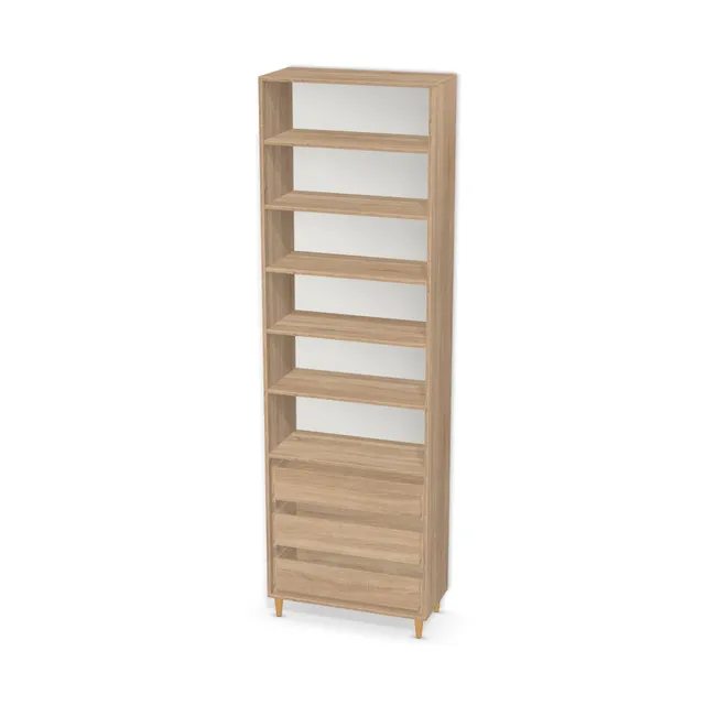 Korpus: Dąb Bardolino naturalny (H1145, ST10), Materiał pleców: Plecy z płyty HDF 3 mm (biała), Szerokość: 80 cm, Wysokość: 250 cm, Wysokość z nóżkami: 260,7 cm, Głębokość: 36,8 cm, Wys. części dolnej: 74 cm, Typ szuflady: Z frontem wpuszczanym, Fronty szuflad: Bez frontów szuflad, Liczba szuflad: 3 szuflady, Liczba półek: 5 półek, Rozmieszczenie półek: Rozmieszczenie symetryczne półek, Typ podstawy: Nóżki (wg wyboru), System domyku: Otwieranie uchwytem (+Hamulec Blumotion), Typ szuflad: Szuflady skrzyniowe, Szuflady: Blum Tandem (Optimum Blum), Nóżki: Noga meblowa drewniana 10cm stożek (Drewniana 10cm stożek), Uchwyty szuflad: Brak uchwytów i brak nawiertów (Brak uchwytów), Podpórki półek: Podpórki Kuadro z zabezpieczeniem (typ 2) (Premium / z zabezp.), Obrzeże korpusu: 0,8 mm, Typ wieńca dolnego: Wieniec dolny nakładany, Rodzaj: Zabudowa szeregowa