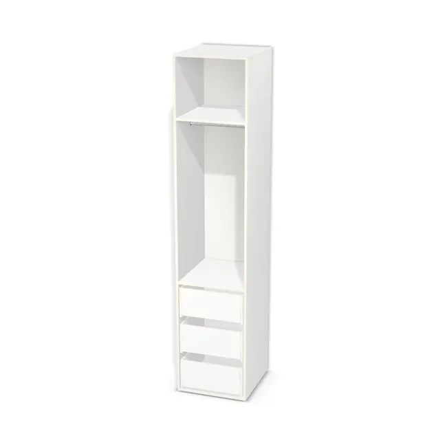 Korpus: Biel Alpejska (WU8685, BS), Materiał pleców: Plecy z płyty HDF 3 mm (biała), Szerokość: 53 cm, Wysokość: 248,5 cm, Głębokość: 56 cm, Wys. części z drążkiem (od wieńca dolnego): 205 cm, Przestrzeń pod drążkiem (od osi drążka do półki): 110,6 cm, Wys. części z szufladami: 85 cm, Drzwi: Bez frontów, Liczba szuflad: 3 szuflady, Typ podstawy: Brak (tylko ślizgacze), System domyku: Otwieranie uchwytem (+Hamulec Blumotion), Szuflady: Blum Tandem (Optimum Blum), Zawiasy: Dobór we własnym zakresie (Brak), Uchwyty: Brak uchwytów i brak nawiertów (Brak uchwytów), Uchwyty szuflad: Brak uchwytów i brak nawiertów (Brak uchwytów), Obrzeże korpusu: 0,8 mm, Rodzaj: Zabudowa szeregowa