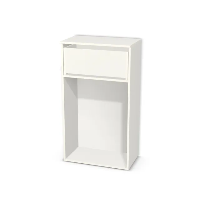 Korpus: Biały klasyczny (W960, SM), Materiał pleców: Plecy z płyty HDF 3 mm (biała), Szerokość: 66 cm, Wysokość: 118 cm, Głębokość: 35,9 cm, Głębokość z frontem: 37,7 cm, Wysokość na front szuflady: 30,6 cm, Typ wieńca górnego: Wieniec górny nakładany, Drzwi: Bez frontów, Liczba półek: Bez półek, Typ podstawy: Brak (tylko ślizgacze), System domyku: Otwieranie uchwytem (+Hamulec Blumotion), Prowadnice szuflad: Blum Tandem (Optimum Blum), Zawiasy: Dobór we własnym zakresie (Brak), Uchwyty: Brak uchwytów i brak nawiertów (Brak uchwytów), Uchwyty szuflad: Brak uchwytów i brak nawiertów (Brak uchwytów), Obrzeże korpusu: 0,8 mm