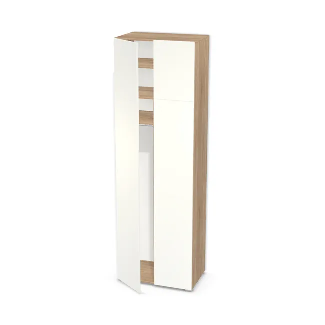 Front: Biały alpejski (W1100, ST9), Korpus: Dąb Bardolino naturalny (H1145, ST10), Materiał pleców: Plecy z płyty HDF 3 mm (biała), Szerokość: 80 cm, Wysokość: 250 cm, Wysokość z nóżkami: 252 cm, Głębokość: 48 cm, Głębokość z frontem: 49,8 cm, Szer. części lewej: 40 cm, Wys. części z drążkiem: 170 cm, Przestrzeń pod drążkiem (od osi drążka do wieńca dolnego): 159,7 cm, Wys. segmentu dolnego: 195 cm, Układ mebla: Po lewej szafka na wieszaki, po prawej półki, Drzwi: 4 fronty - 2 lewe, 2 prawe, Liczba półek na górze: 1 półka, Liczba półek na dole: Bez półek, Rozmieszczenie półek: Rozmieszczenie symetryczne półek, Typ podstawy: Nóżki (wg wyboru), System domyku: Otwieranie naciskiem (Tip-On), Zawiasy: Blum ClipTop 110 bez sprężyny (Premium), Nóżki: Stopka K041 - tworzywo - chrom wys 2 cm (Stopka chrom 2cm), Uchwyty: Brak uchwytów i brak nawiertów (Brak uchwytów), Podpórki półek: Podpórki Kuadro z zabezpieczeniem (typ 2) (Premium / z zabezp.), Obrzeże korpusu: 0,8 mm, Obrzeże frontu: 2,0 mm