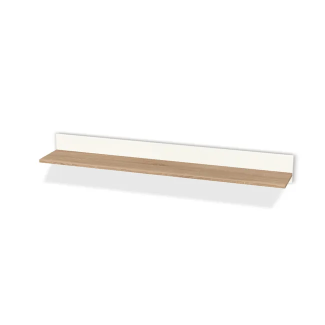 Półka: Dąb Bardolino naturalny (H1145, ST10), Tył: Biały klasyczny (W960, SM, 18mm), Szerokość: 138 cm, Wysokość: 15 cm, Głębokość: 23 cm, Pozycja półki: 4 cm, Obrzeże półki: 0,8 mm, Obrzeże tyłu: 0,8 mm