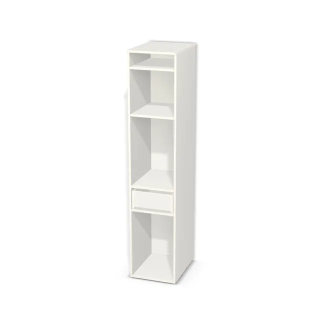 Korpus: Biały klasyczny (W960, SM), Materiał pleców: Plecy z płyty jak korpus, Szerokość: 40 cm, Wysokość: 190 cm, Głębokość: 51 cm, Głębokość z frontem: 52,8 cm, Wysokość na front szuflady: 20 cm, Wysokość części na dolny front: 60 cm, Fronty: Bez frontów, Liczba półek na górze: 2 półki, Liczba półek na dole: Bez półek, Rozmieszczenie półek: Własne ustawienie, Typ podstawy: Brak (tylko ślizgacze), System domyku: Otwieranie naciskiem (Tip-On), Prowadnice szuflad: Blum Tandem (Optimum Blum), Zawieszki: Dobór we własnym zakresie (Brak), Zawiasy: Dobór we własnym zakresie (Brak), Uchwyty: Brak uchwytów i brak nawiertów (Brak uchwytów), Uchwyty szuflad: Brak uchwytów i brak nawiertów (Brak uchwytów), Podpórki półek: Złączki Rafix TAB 20 S (Premium / z zabezp.), Obrzeże korpusu: 2,0 mm