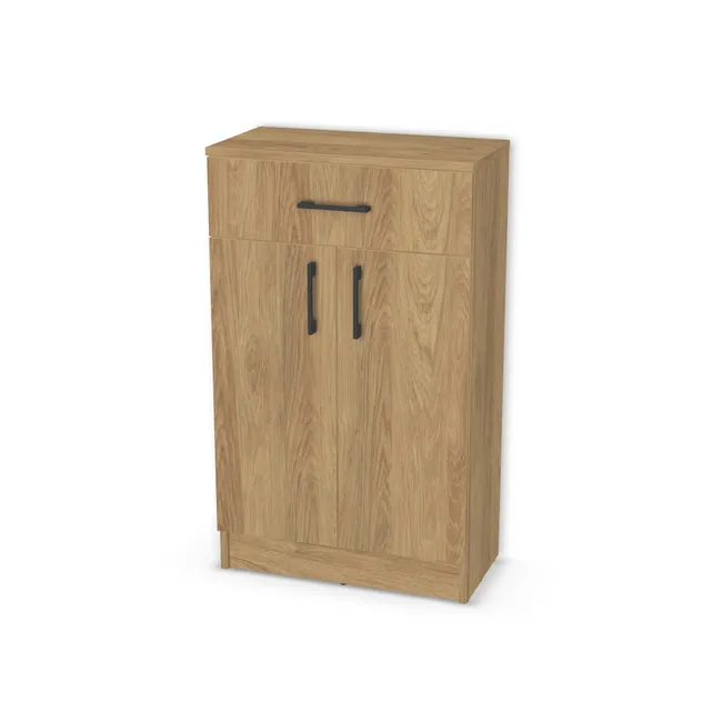 Front: Hikora naturalna (H3730, ST10) Usłojenie Pionowe, Korpus: Hikora naturalna (H3730, ST10), Usłojenie frontu: Pionowe, Materiał pleców: Plecy z płyty HDF 3 mm (biała), Szerokość: 60 cm, Wysokość: 90 cm, Wysokość z cokołem: 100 cm, Głębokość: 29 cm, Głęb. całkowita: 31 cm, Wys. pasa dolnego: 70 cm, Wysokość dolnego frontu: 69,7 cm, Typ wieńca górnego: Wieniec górny nakładany wysunięty nad front, Fronty: 3 fronty - drzwi lewe i prawe, front szuflady, Liczba półek: 2 półki, Rozmieszczenie półek: Rozmieszczenie symetryczne półek, Typ podstawy: Cokół 10 cm, System domyku: Otwieranie uchwytem (+Hamulec Blumotion), Prowadnice szuflad: Blum Tandem Wysuw 75% (Optimum Blum), Zawiasy: Blum Clip 100 (Optimum), Uchwyty: Uchwyt 2576 Czarny Mat rozstaw 128 mm (Uchwyt 2576 128 mm), Uchwyty szuflad: Uchwyt 2576 Czarny Mat rozstaw 128 mm (Uchwyt 2576 128 mm), Podpórki półek: Podpórki półki fi 5 mm (Basic / ruchome), Obrzeże korpusu: 0,8 mm, Obrzeże frontu: 0,8 mm, Rozmieszczenie uchwytów: Pionowo (góra frontu 50 mm, bok 50 mm), Rozmieszczenie uchwytów szuflad: Poziomo (centralnie na froncie)