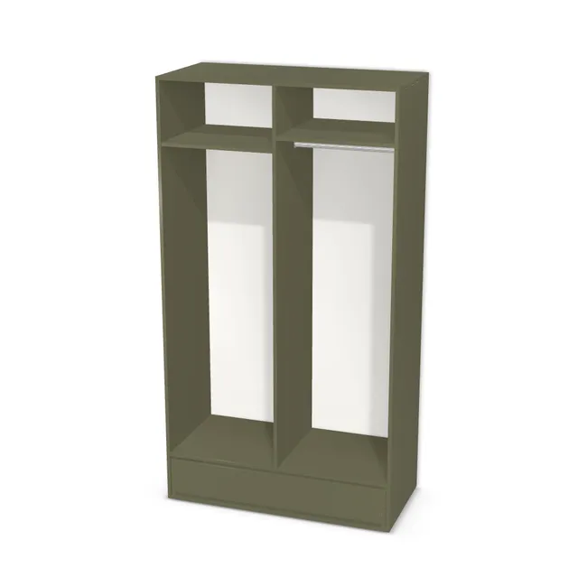 Korpus: Zielony agawowy (U645, ST9), Materiał pleców: Plecy z płyty HDF 3 mm (biała), Szerokość: 120 cm, Wysokość: 220,5 cm, Głębokość: 56,5 cm, Szer. części lewej: 60 cm, Wys. części z drążkiem (od wieńca dolnego): 195 cm, Przestrzeń pod drążkiem (od osi drążka do półki): 160,6 cm, Wys. części z szufladami: 25 cm, Układ mebla: Po lewej półki, po prawej szafka na wieszaki, Fronty: Bez frontów, Liczba szuflad: 1 szuflada, Liczba półek: 1 półka, Rozmieszczenie półek: Własne ustawienie, Typ podstawy: Brak (tylko ślizgacze), System domyku: Otwieranie uchwytem (+Hamulec Blumotion), Szuflady: Blum Tandem (Optimum Blum), Zawiasy: Dobór we własnym zakresie (Brak), Uchwyty: Brak uchwytów i brak nawiertów (Brak uchwytów), Uchwyty szuflad: Brak uchwytów i brak nawiertów (Brak uchwytów), Podpórki półek: Podpórki Kuadro z zabezpieczeniem (typ 2) (Premium / z zabezp.), Obrzeże korpusu: 0,8 mm, Rodzaj: Zabudowa szeregowa