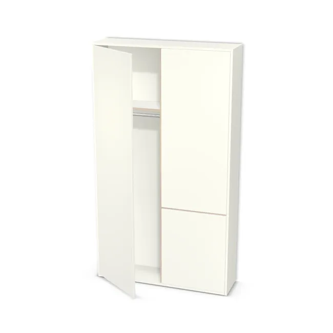 Front: Biały premium (W1000, ST38) Usłojenie Pionowe, Korpus: Biały premium (W1000, ST9), Cokół i obrzeże półek: Sosna Aland biała (H3430, ST22, 18mm), Usłojenie frontu: Pionowe, Materiał pleców: Plecy z płyty jak korpus, Szerokość: 114 cm, Wysokość: 200 cm, Głębokość: 30 cm, Wys. półki nad drążkiem (od wieńca dolnego): 150 cm, Wys. pasa dolnego: 70 cm, Wariant szafy: Lewa część cała, prawa podzielona, Wybierz układ wnętrza: Po lewej drążek. Po prawej drążek, poniżej półki, Fronty: Fronty wpuszczane - drzwi L+P, Liczba półek na dole po prawej: 1 półka, Rozmieszczenie półek: Rozmieszczenie symetryczne półek, Typ podstawy: Brak (tylko ślizgacze), System domyku: Otwieranie naciskiem (Tip-On), Zawiasy: Blum ClipTop 110 bez sprężyny (Premium), Uchwyty: Brak uchwytów i brak nawiertów (Brak uchwytów), Podpórki półek: Złączki Rafix TAB 20 S (Premium / z zabezp.), Obrzeże korpusu: 0,8 mm, Obrzeże frontu: 2,0 mm, Obrzeże półek: 0,8 mm