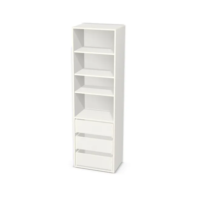 Korpus: Biały klasyczny (W960, SM), Materiał pleców: Plecy z płyty HDF 3 mm (biała), Szerokość: 60 cm, Wysokość: 200 cm, Głębokość: 40 cm, Wys. części z szufladami: 75 cm, Drzwi: Bez frontów, Liczba szuflad: 3 szuflady, Liczba półek: 3 półki, Rozmieszczenie półek: Własne ustawienie, Typ podstawy: Brak (tylko ślizgacze), System domyku: Otwieranie uchwytem (+Hamulec Blumotion), Szuflady: Blum Tandem Wysuw 75% (Optimum Blum), Zawiasy: Dobór we własnym zakresie (Brak), Uchwyty: Brak uchwytów i brak nawiertów (Brak uchwytów), Uchwyty szuflad: Brak uchwytów i brak nawiertów (Brak uchwytów), Podpórki półek: Podpórki Kuadro z zabezpieczeniem (typ 2) (Premium / z zabezp.), Obrzeże korpusu: 0,8 mm, Rodzaj: Zabudowa szeregowa