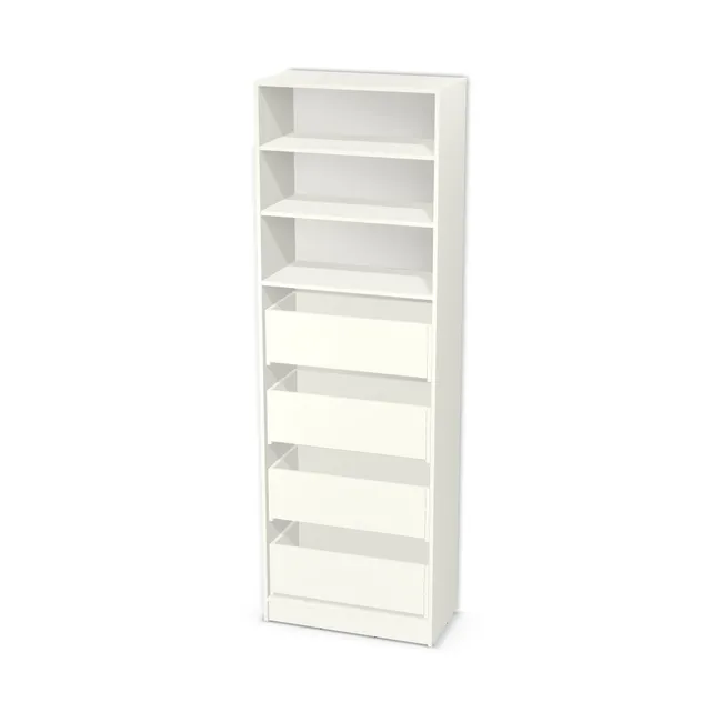 Korpus: Biały premium (W1000, ST9), Materiał pleców: Plecy z płyty HDF 3 mm (biała), Szerokość: 80 cm, Wysokość: 235 cm, Wysokość z cokołem: 245 cm, Głębokość: 40 cm, Wys. części dolnej: 150 cm, Typ szuflady: Z frontem wpuszczanym, Fronty szuflad: Bez frontów szuflad, Liczba szuflad: 4 szuflady, Liczba półek: 2 półki, Rozmieszczenie półek: Rozmieszczenie symetryczne półek, Typ podstawy: Cokół 10 cm, System domyku: Otwieranie naciskiem (Tip-On), Typ szuflad: Szuflady skrzyniowe, Szuflady: Blum Tandem (Optimum Blum), Uchwyty szuflad: Brak uchwytów i brak nawiertów (Brak uchwytów), Podpórki półek: Podpórki Kuadro z zabezpieczeniem (typ 2) (Premium / z zabezp.), Obrzeże korpusu: 0,8 mm, Typ wieńca dolnego: Wieniec dolny wpuszczany (domyślnie)